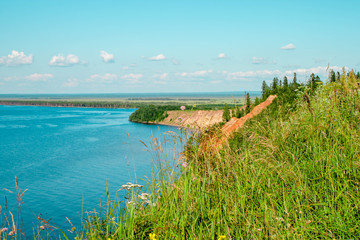 Andoma Cape with Andoma Hill at Onega Lake, Vologda region, Russia. Natural background view