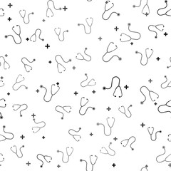 Black Stethoscope medical instrument icon isolated seamless pattern on white background. Vector Illustration