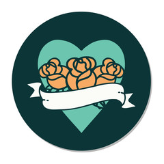 tattoo style sticker of a heart and banner with flowers