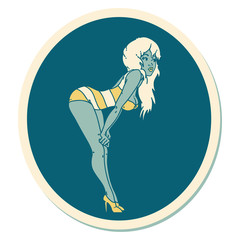 tattoo style sticker of a pinup girl in swimming costume
