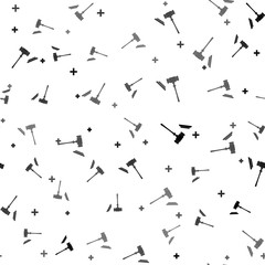 Black Judge gavel icon isolated seamless pattern on white background. Gavel for adjudication of sentences and bills, court, justice, with a stand. Auction hammer symbol. Vector Illustration