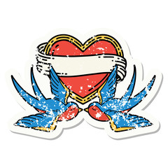 traditional distressed sticker tattoo of a swallows and a heart with banner