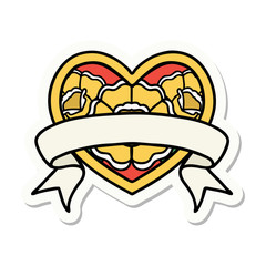 tattoo style sticker of a heart and banner with flowers