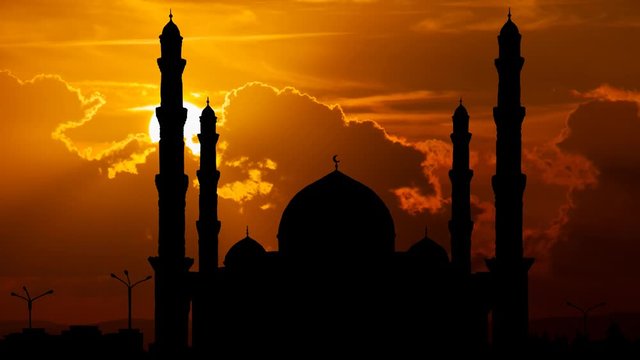 Nur Sultan: Hazrat Sultan Mosque, Time Lapse at Sunset with Red Sun, Kasakhstan