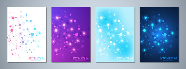 Set of template brochures or cover design, book, flyer, with molecules background and neural network. Abstract geometric background of connected lines and dots. Science and technology concept.