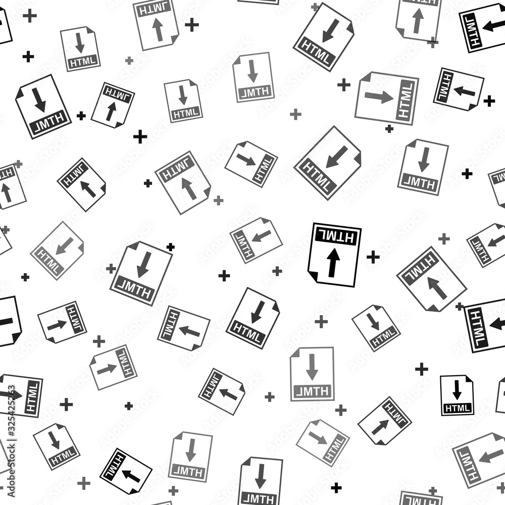 Poster black html file document icon. download html button icon isolated seamless pattern on white backgrou