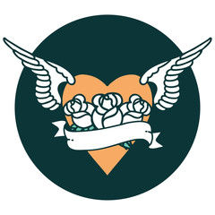 tattoo style icon of a heart with wings flowers and banner
