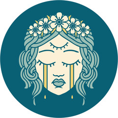 tattoo style icon of female face crying with third eye