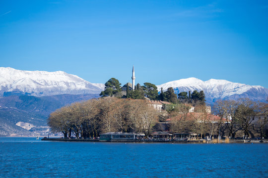 ioannina city lake pamvotis in winter season greece