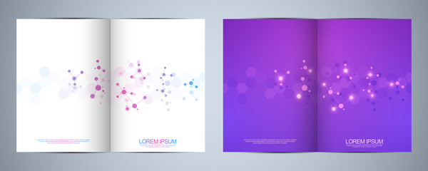 Fototapeta na wymiar Bi-fold brochure template or cover book, page layout, flyer design with abstract background of molecular structure and DNA strand. Concept and idea for innovation technology, medicine, science