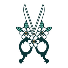 tattoo style icon of a barber scissors and flowers