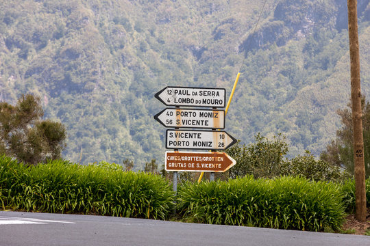  Road direction signs in mountains of Boca da Encumeada on Madeira Island. Portugal