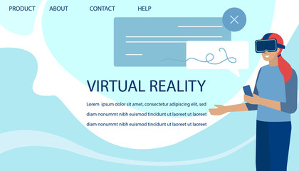 Flat Landing Page Advertise Virtual Reality for Communication. Cartoon Woman Wearing VR Glasses Chatting, Negotiating Online, Putting E-Signature. Vector Technology, Cyberspace and Office Illustration