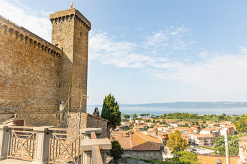 The Castle and a view over the lake and the town of Bolsena, province of Viterbo, Lazio, Italy