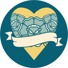 tattoo style icon of a heart and banner with flowers