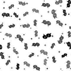 Black Speech bubbles with Question and Exclamation marks icon isolated seamless pattern on white background. FAQ sign. Copy files, chat speech bubble and chart web icons. Vector Illustration