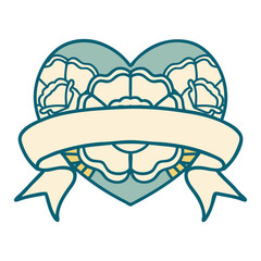 tattoo style icon of a heart and banner with flowers