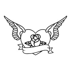 black line tattoo of a flying heart with flowers and banner