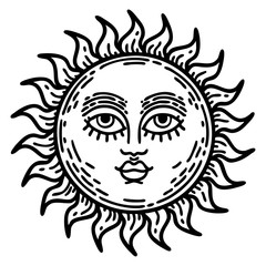black line tattoo of a sun with face