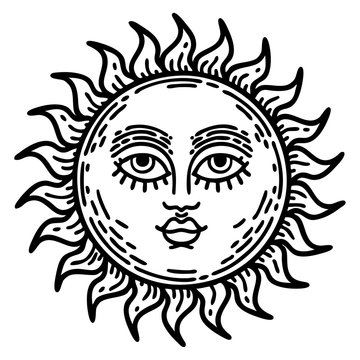 black line tattoo of a sun with face
