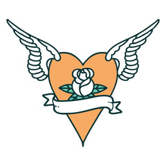 tattoo style icon of a flying heart with flowers and banner