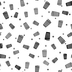 Black Trash can icon isolated seamless pattern on white background. Garbage bin sign. Recycle basket icon. Office trash icon. Vector Illustration