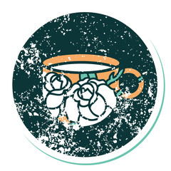 distressed sticker tattoo style icon of a cup and flowers