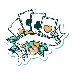distressed sticker tattoo style icon of cards and banner