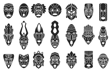 African mask black set icon.tribal African mask black vector illustration on white background .Vector illustration set icon face voodoo.