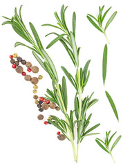 Fresh rosemary with peppercorns isolated on a white background, top view.