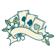 tattoo style icon of cards and banner