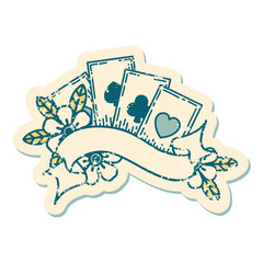 distressed sticker tattoo style icon of cards and banner