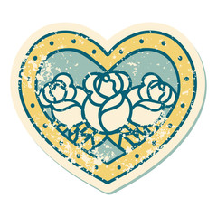 distressed sticker tattoo style icon of a heart and flowers