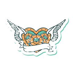 distressed sticker tattoo style icon of a flying heart with flowers and banner