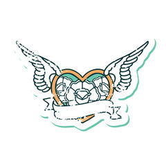 distressed sticker tattoo style icon of a flying heart with flowers and banner