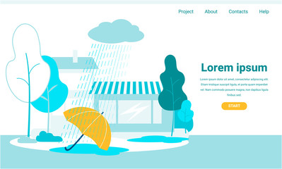 Flat Landing Page with Editable Advertising Text and Menu. Vector Brolly on Ground under Rain. Street Cafe on Backdrop. Nature and City Park Illustration. Struggle with Melancholy and Loneliness Idea