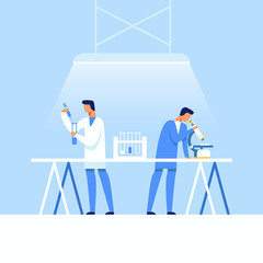 Medical Research Laboratory and Drugs Creation Process. Cartoon Scientists, Pharmacists, Apothecaries Working with Microscope, Liquids in Test Tubes and Flasks at Lab. Vector Flat Illustration
