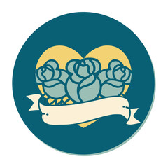 tattoo style sticker of a heart and banner with flowers