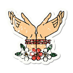 traditional distressed sticker tattoo of hands tied