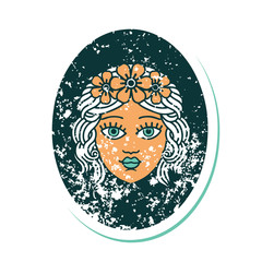 distressed sticker tattoo style icon of a maiden with crown of flowers