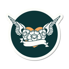 tattoo style sticker of a flying heart with flowers and banner