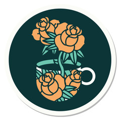 tattoo style sticker of a cup and flowers