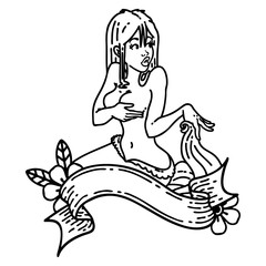 black line tattoo of a pinup mermaid with banner