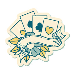 tattoo style sticker of cards and banner