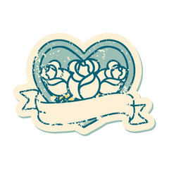 distressed sticker tattoo style icon of a heart and banner with flowers