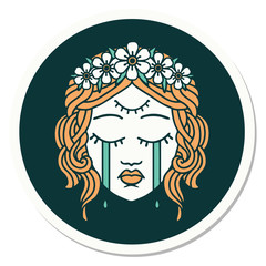 tattoo style sticker of female face crying with third eye