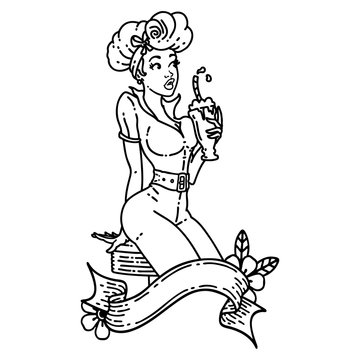 black line tattoo of a pinup girl drinking a milkshake with banner