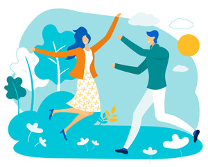 Loving Couple Walking in City Park in Sunny Summer Weather, Young People Playing Outdoors, Running and Jumping. Leisure, Sparetime, Love, Happy Relations, Outdoors. Cartoon Flat Vector Illustration