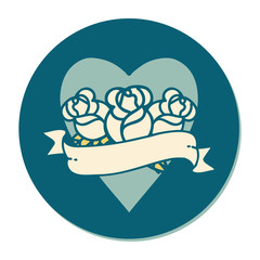 tattoo style sticker of a heart and banner with flowers