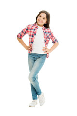 Fashion is her life. Fashion look of vogue model. Cute fashion model isolated on white. Happy child in casual style. Fashion and beauty